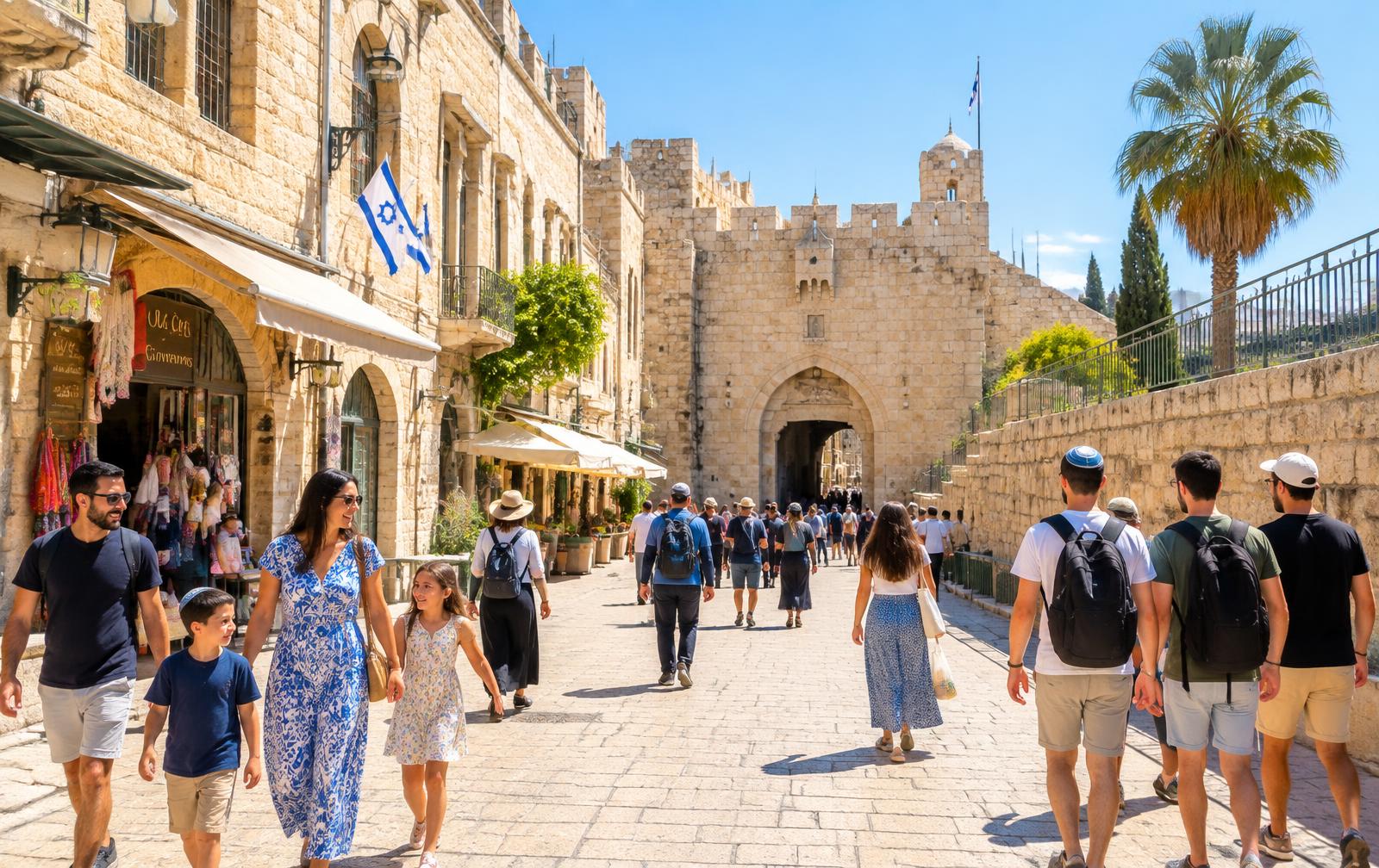 Families and friends walking through a sunny stone street toward an Old City gate in Jerusalem